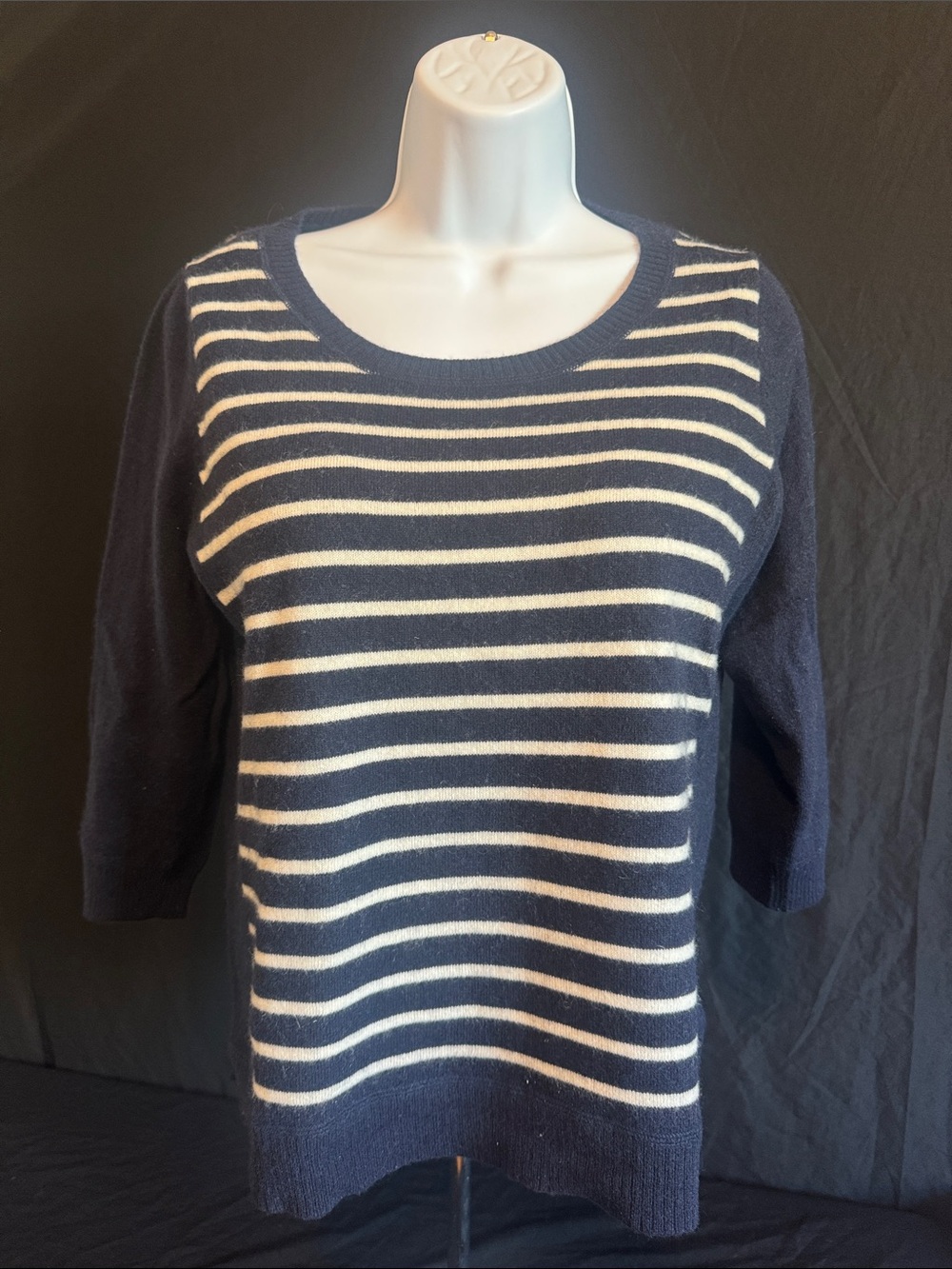 Pure Collection Navy and Cream Striped Scoop Neck Sweater